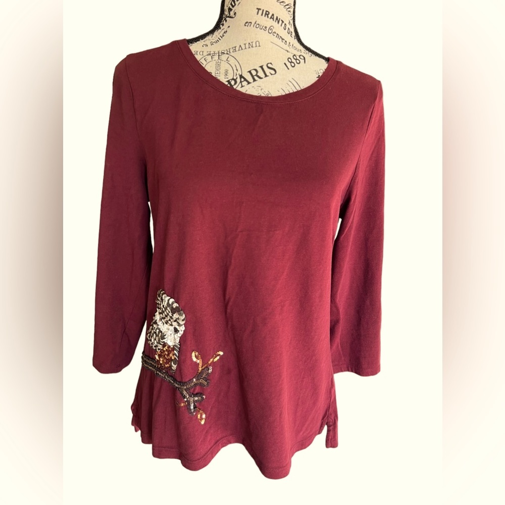 Talbots 3/4 sleeve top sequined awl burgundy women size medium